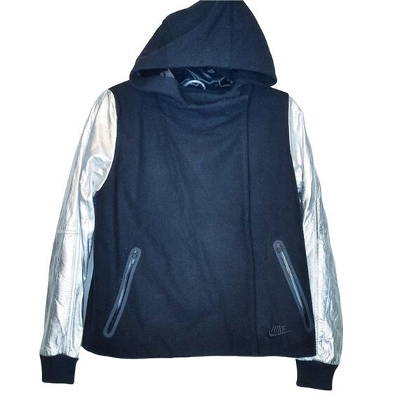 Nike Destroyer Varsity Jacket Wool Hoodie Lamb Leather Coat Black Size Med - Picture 2 of 12